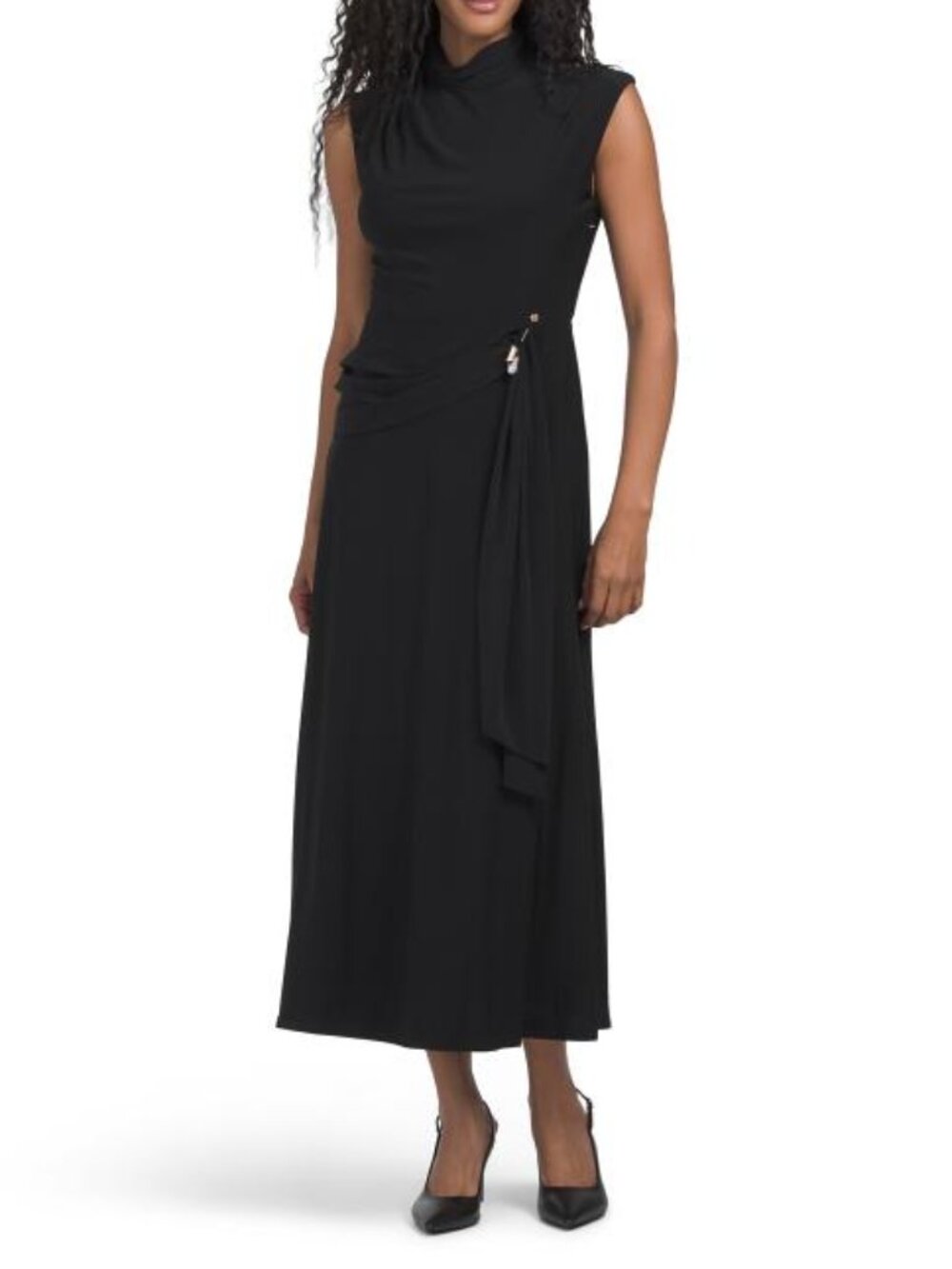 TAYLOR Black Side Drape Mock Neck Midi Dress